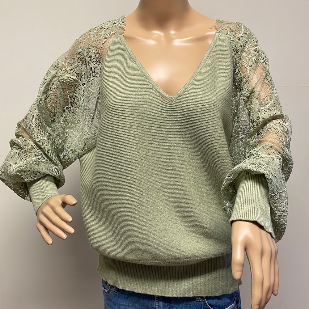 NWOT Fashion Green Sweater Lace Sheer Sleeves & Open Back Lace Design size XL